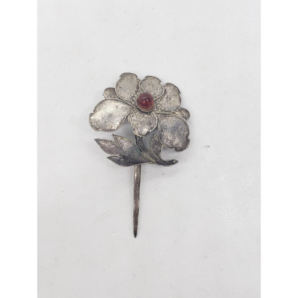 Vintage Sterling Silver Flower Stick Pin Red Cabochon Glass center Art Deco - Picture 3 of 8